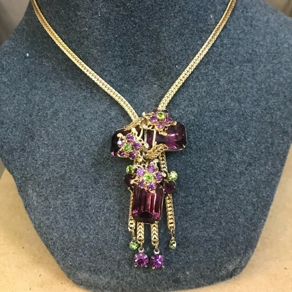 Rare Vintage Alice CAVINESS Purple Art Glass Rhinestone Tassel Designer Set - Picture 4 of 16